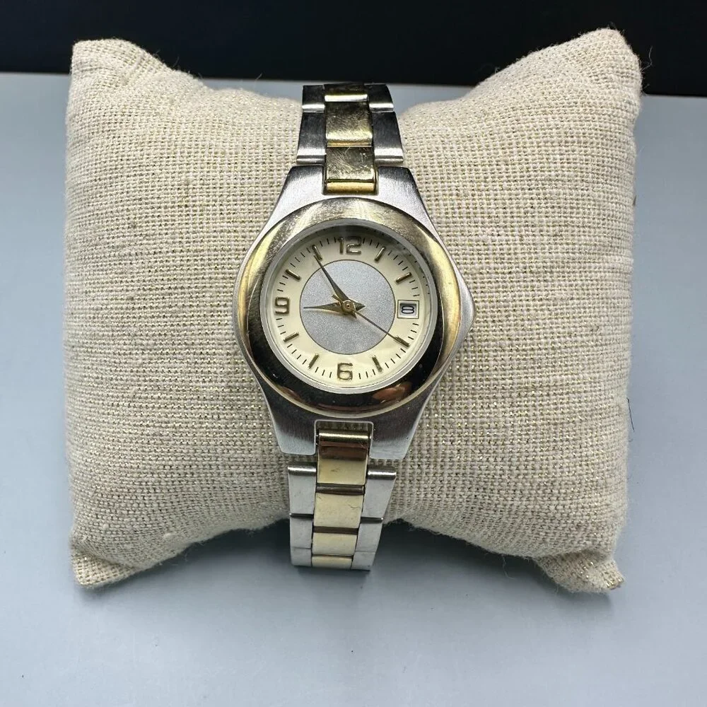 3/$30 Mitre Watch Women Silver Gold Two Tone Date Window New Battery 7.5 Inch